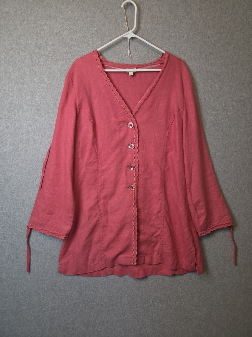 J. Jill Linen Pink LS Scalloped Edge Button Up V Neck Shacket Women's Large